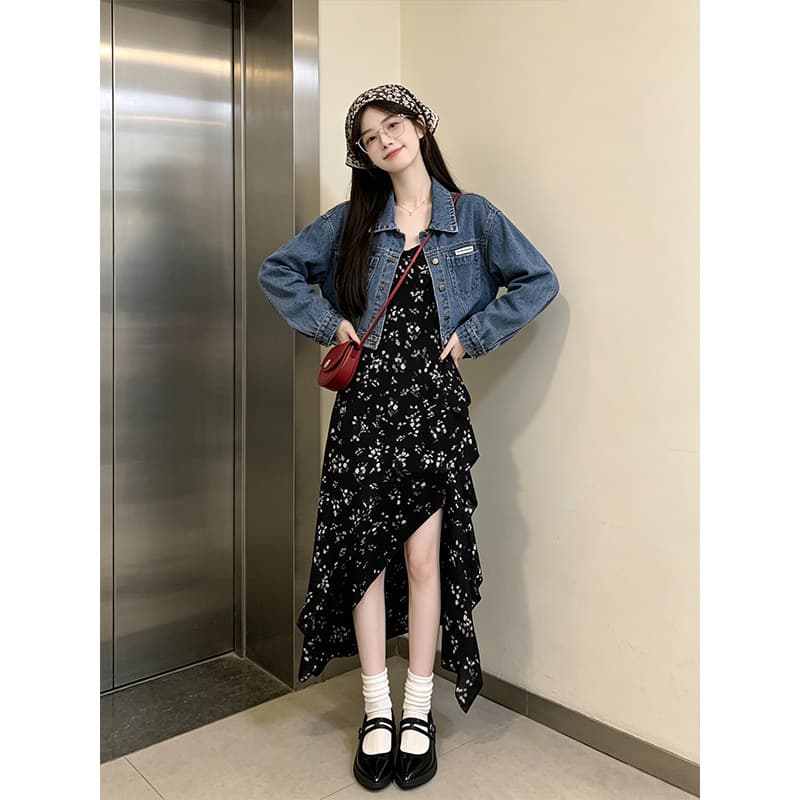 가을 섹션 파란색 긴팔 데님 재킷 짧은 여성 코트 일상 출퇴근 꽃무늬 점프 슈트 치마 세트 맨위 여성 의류 상세 이미지 3