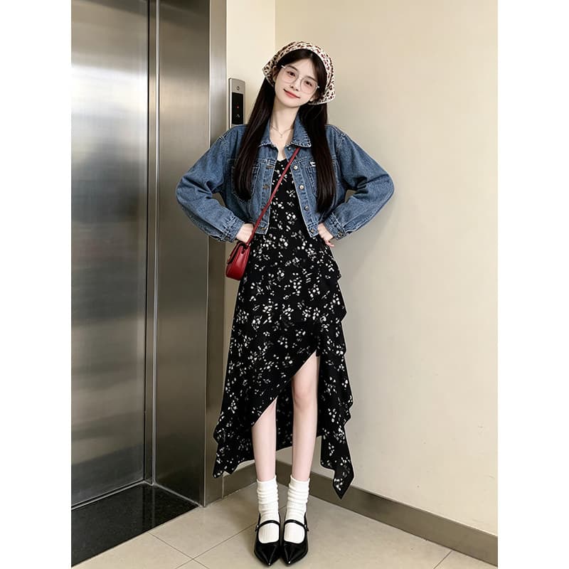 가을 섹션 파란색 긴팔 데님 재킷 짧은 여성 코트 일상 출퇴근 꽃무늬 점프 슈트 치마 세트 맨위 여성 의류 상세 이미지 4