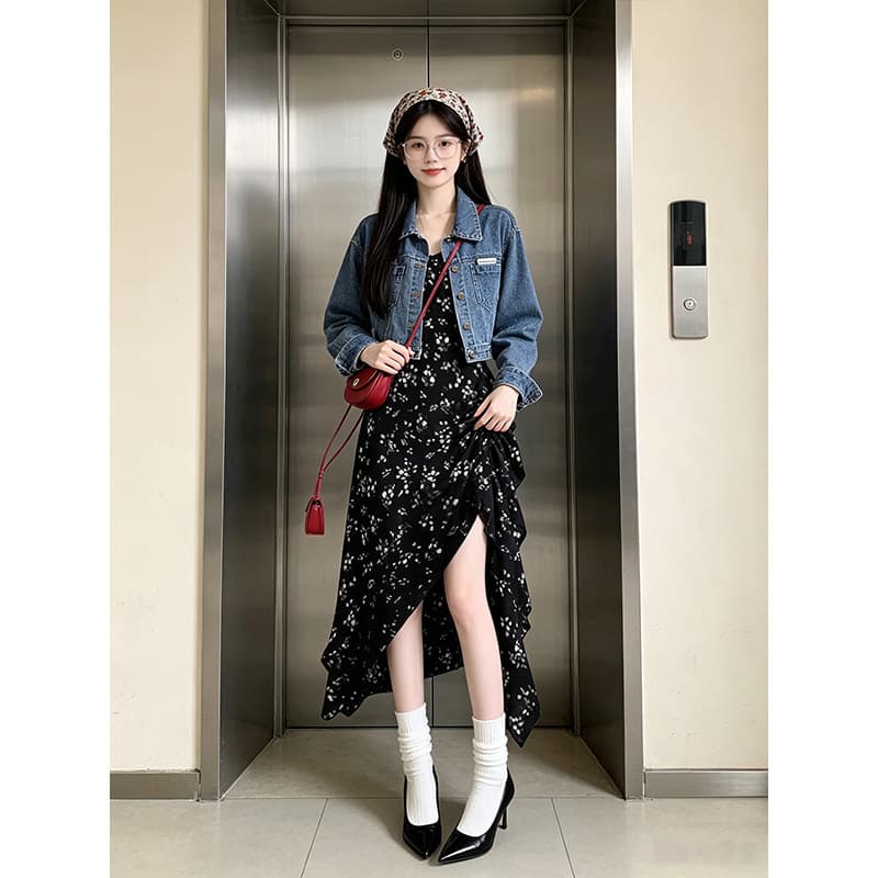 가을 섹션 파란색 긴팔 데님 재킷 짧은 여성 코트 일상 출퇴근 꽃무늬 점프 슈트 치마 세트 맨위 여성 의류 상세 이미지 5
