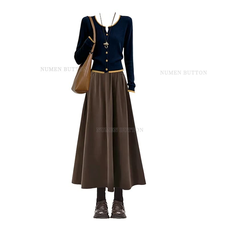 빅 사이즈 가을 레트로 스타일 세트 여성 레저 작은 대중 단추 오픈 가디건 코디 우아함 루즈핏 반신 스커트 투피스 세트 이미지 5