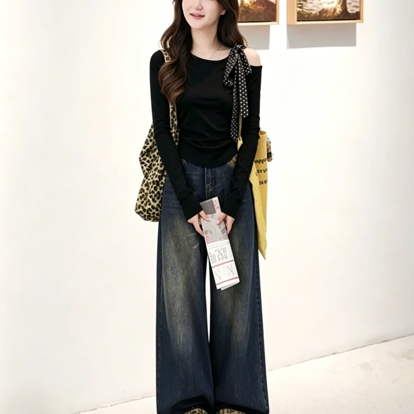 빅 사이즈 가을 연령 감소 세트 여성 디자인 센스 작은 대중 긴팔 맨위 코디 레오파드 무늬 넓은 다리 청바지 투피스 세트 이미지 4