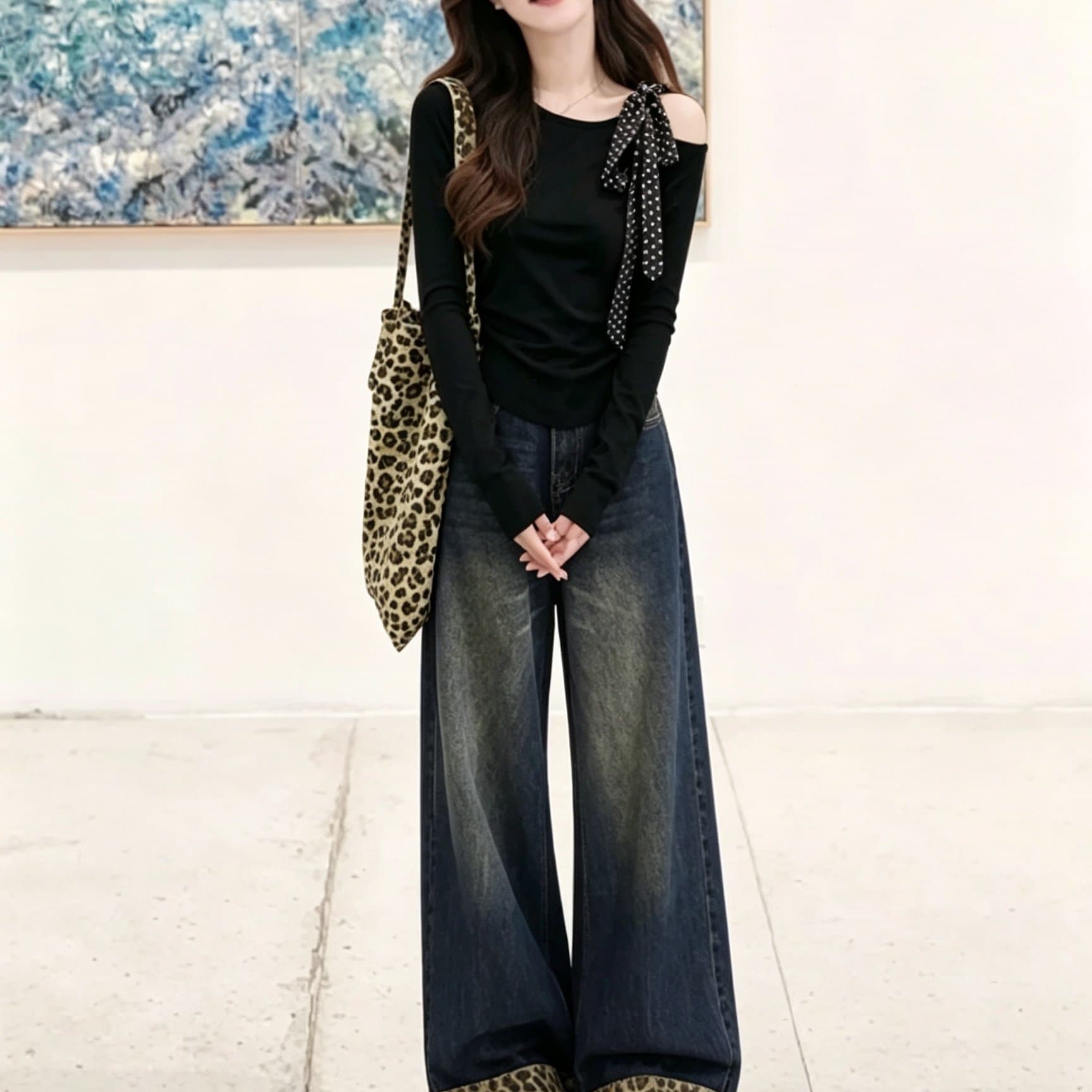 빅 사이즈 가을 연령 감소 세트 여성 디자인 센스 작은 대중 긴팔 맨위 코디 레오파드 무늬 넓은 다리 청바지 투피스 세트 상세 이미지 1
