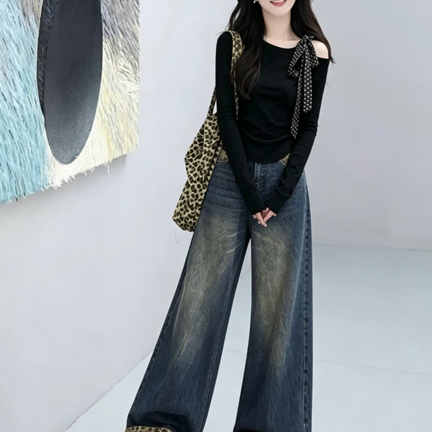 빅 사이즈 가을 연령 감소 세트 여성 디자인 센스 작은 대중 긴팔 맨위 코디 레오파드 무늬 넓은 다리 청바지 투피스 세트 상세 이미지 5