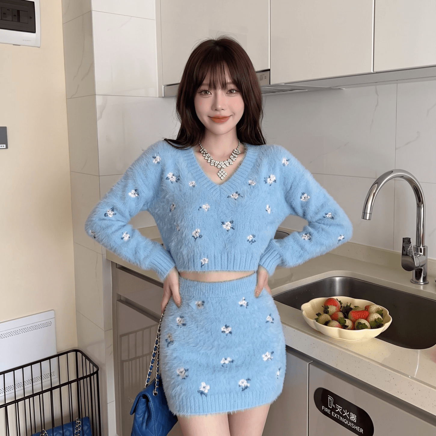 프랑스식 작은 샤넬 스타일 V넥 니트 세트 여성 가을 파란색 작은 키 빛 럭셔리 품격 슬림해 보이는 타이트 스커트 투피스 세트 상세 이미지 4
