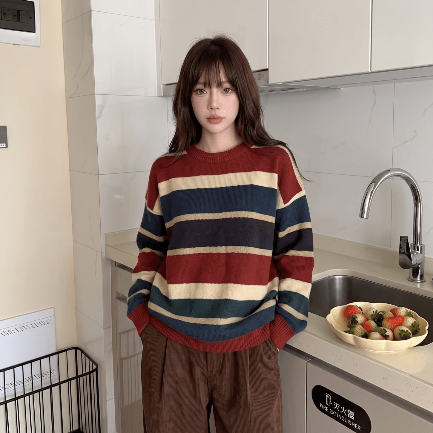 배색 스트라이프 라운드 넥 풀오버 스웨터 여자 가을 프랑스식 레트로 느긋한 루즈핏 디자인 센스 긴팔 니트 맨위 이미지 2