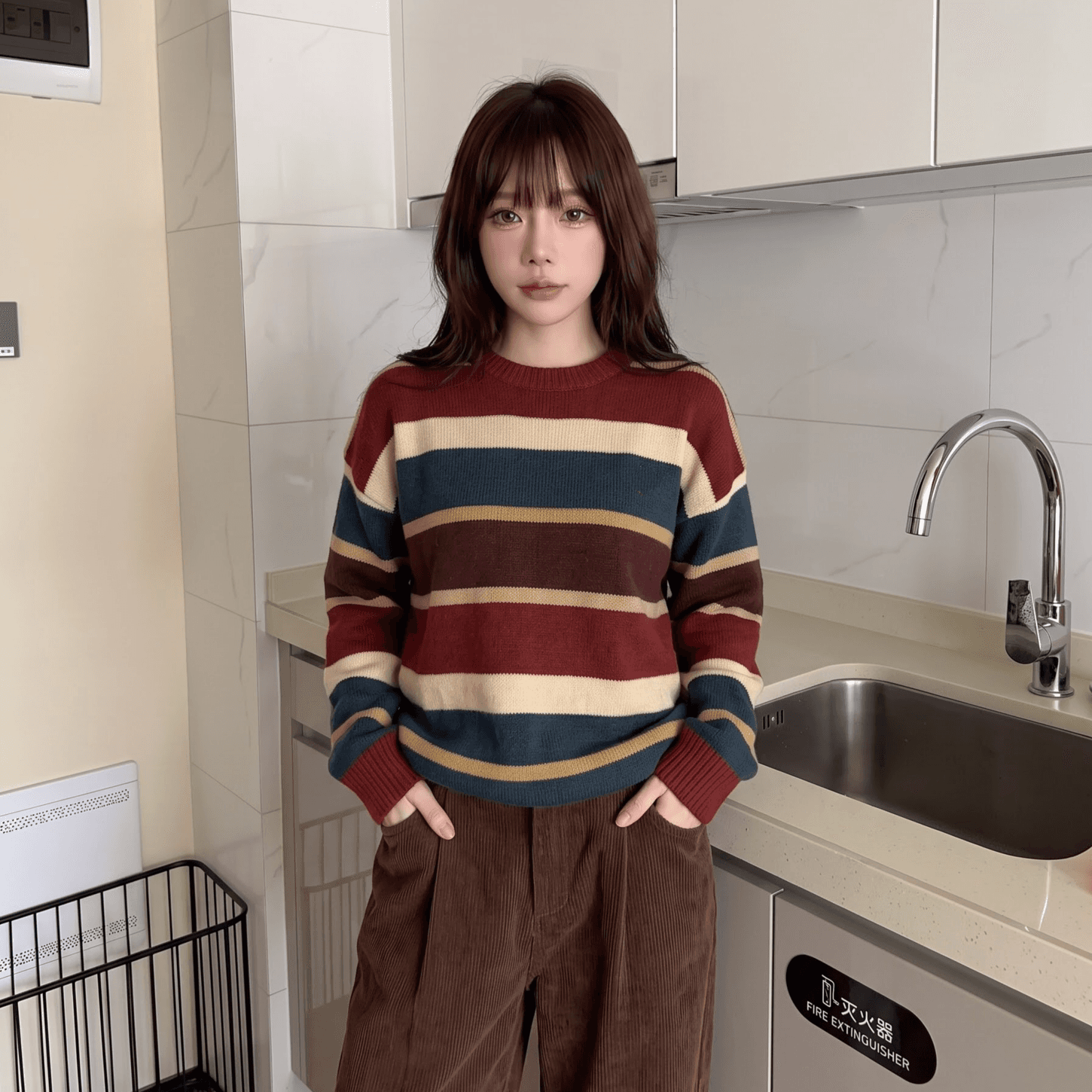 배색 스트라이프 라운드 넥 풀오버 스웨터 여자 가을 프랑스식 레트로 느긋한 루즈핏 디자인 센스 긴팔 니트 맨위 이미지 4