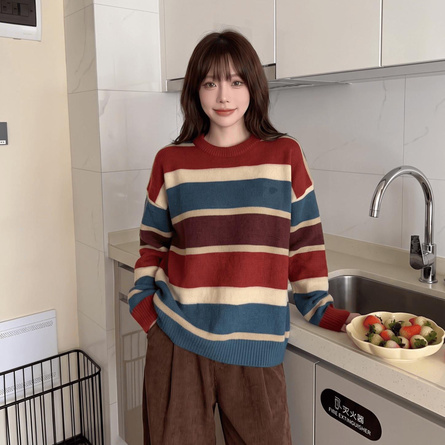 배색 스트라이프 라운드 넥 풀오버 스웨터 여자 가을 프랑스식 레트로 느긋한 루즈핏 디자인 센스 긴팔 니트 맨위 이미지 3