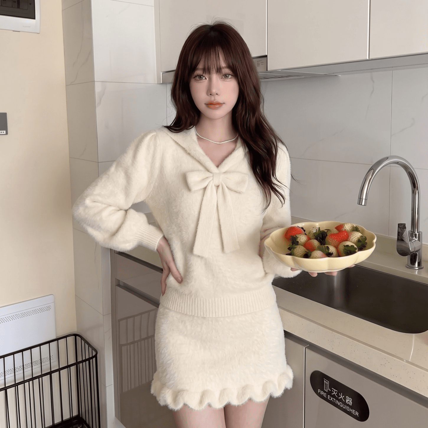 프랑스식 달콤함 나비 매듭 스웨터 미니 스커트 세트 여성 가을 작은 키 슬림해 보이는 느긋한 일상 착용 가져 가라. 투피스 세트 상세 이미지 5
