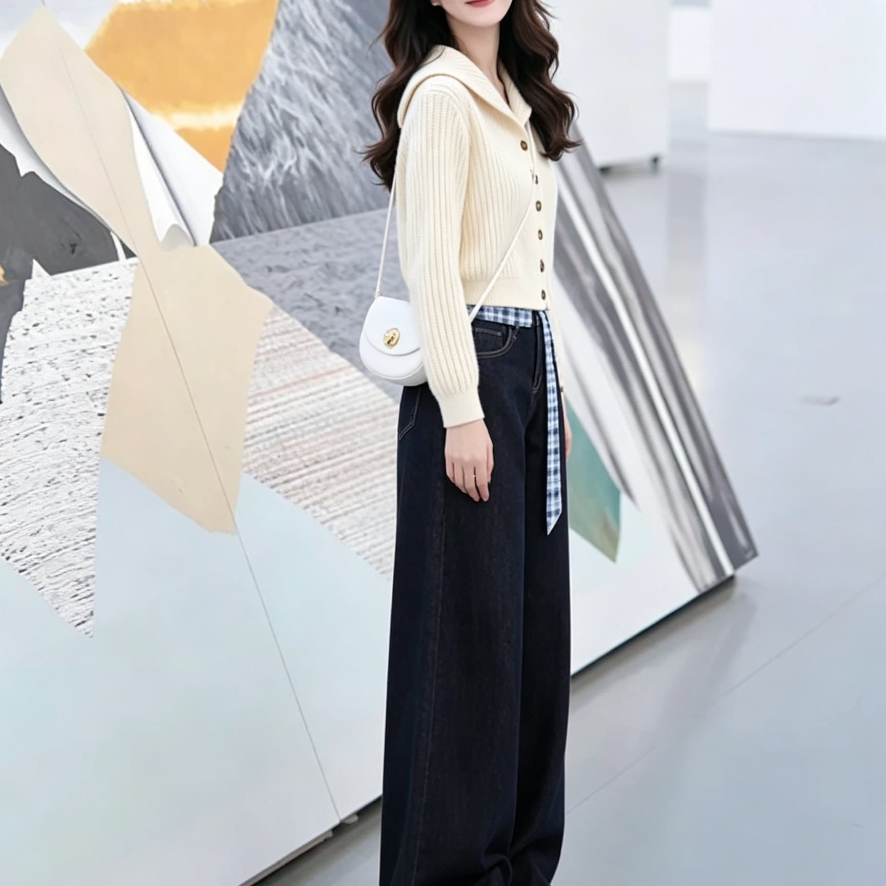 빅 사이즈 가을 한 부서 세트 여성 부드러운 바람 연령 감소 니트 오픈 가디건 코디 하이웨이스트 넓은 다리 청바지 투피스 세트 상세 이미지 4