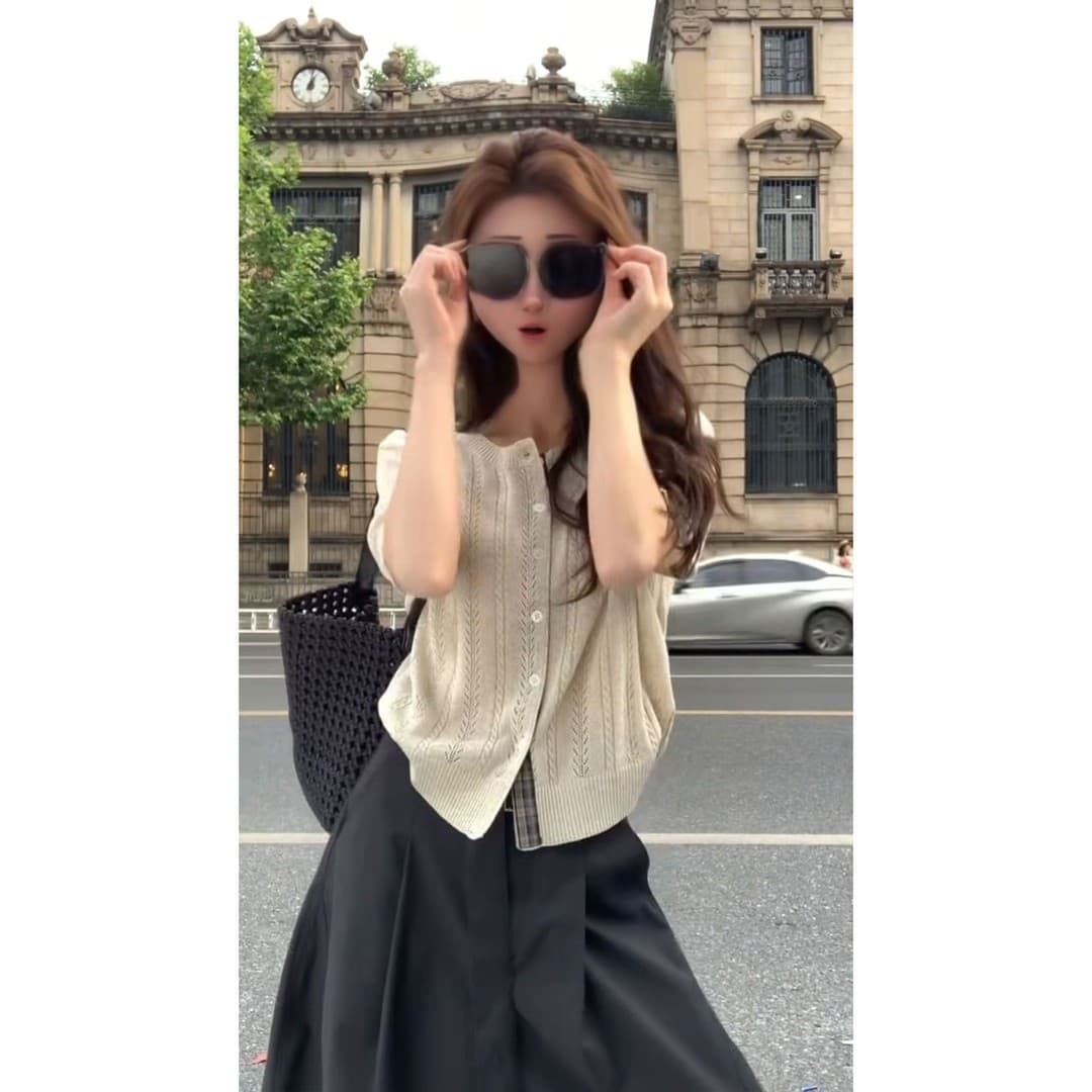 한 부서 레트로 체크무늬 싸움 옷깃 홀로우 아웃 무늬 반팔 니트 스웨터 여성 여름 한 부서 부드러운 작은 열림 셔츠 맨위 이미지 2