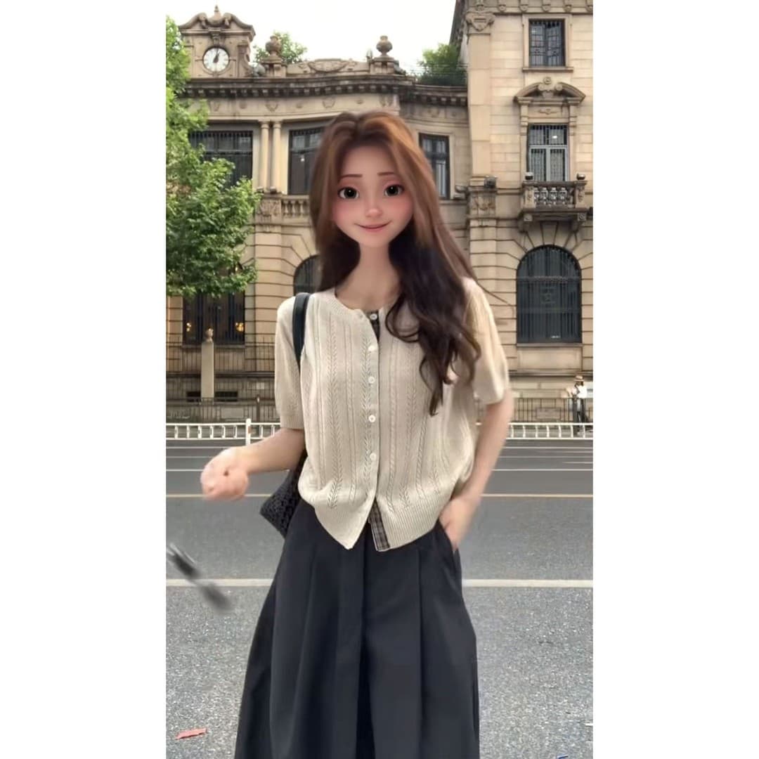 한 부서 레트로 체크무늬 싸움 옷깃 홀로우 아웃 무늬 반팔 니트 스웨터 여성 여름 한 부서 부드러운 작은 열림 셔츠 맨위 이미지 3