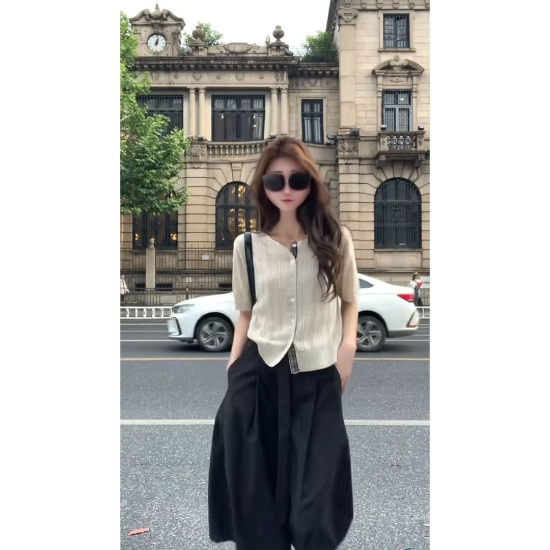 한 부서 레트로 체크무늬 싸움 옷깃 홀로우 아웃 무늬 반팔 니트 스웨터 여성 여름 한 부서 부드러운 작은 열림 셔츠 맨위 이미지 4