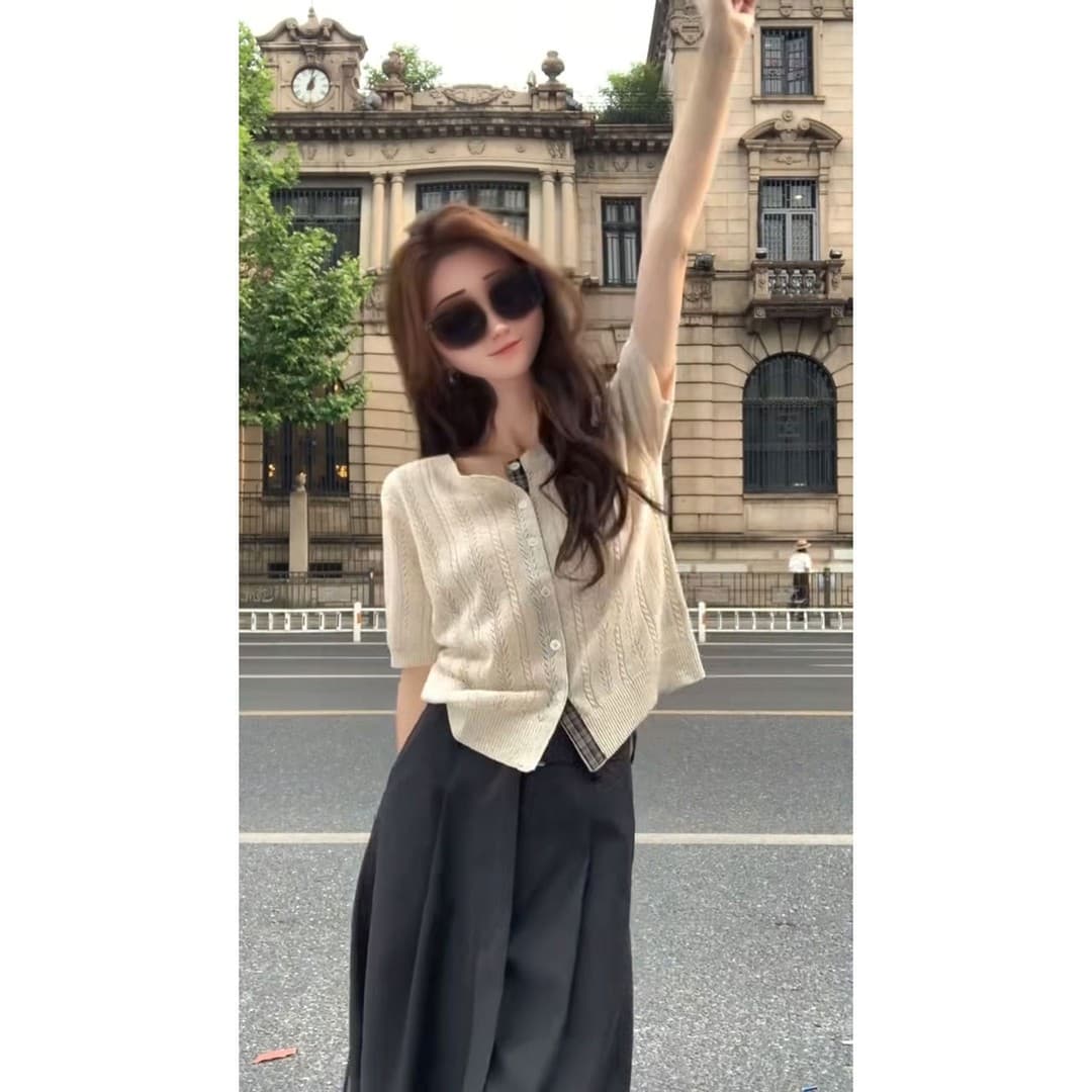 한 부서 레트로 체크무늬 싸움 옷깃 홀로우 아웃 무늬 반팔 니트 스웨터 여성 여름 한 부서 부드러운 작은 열림 셔츠 맨위 상세 이미지 1