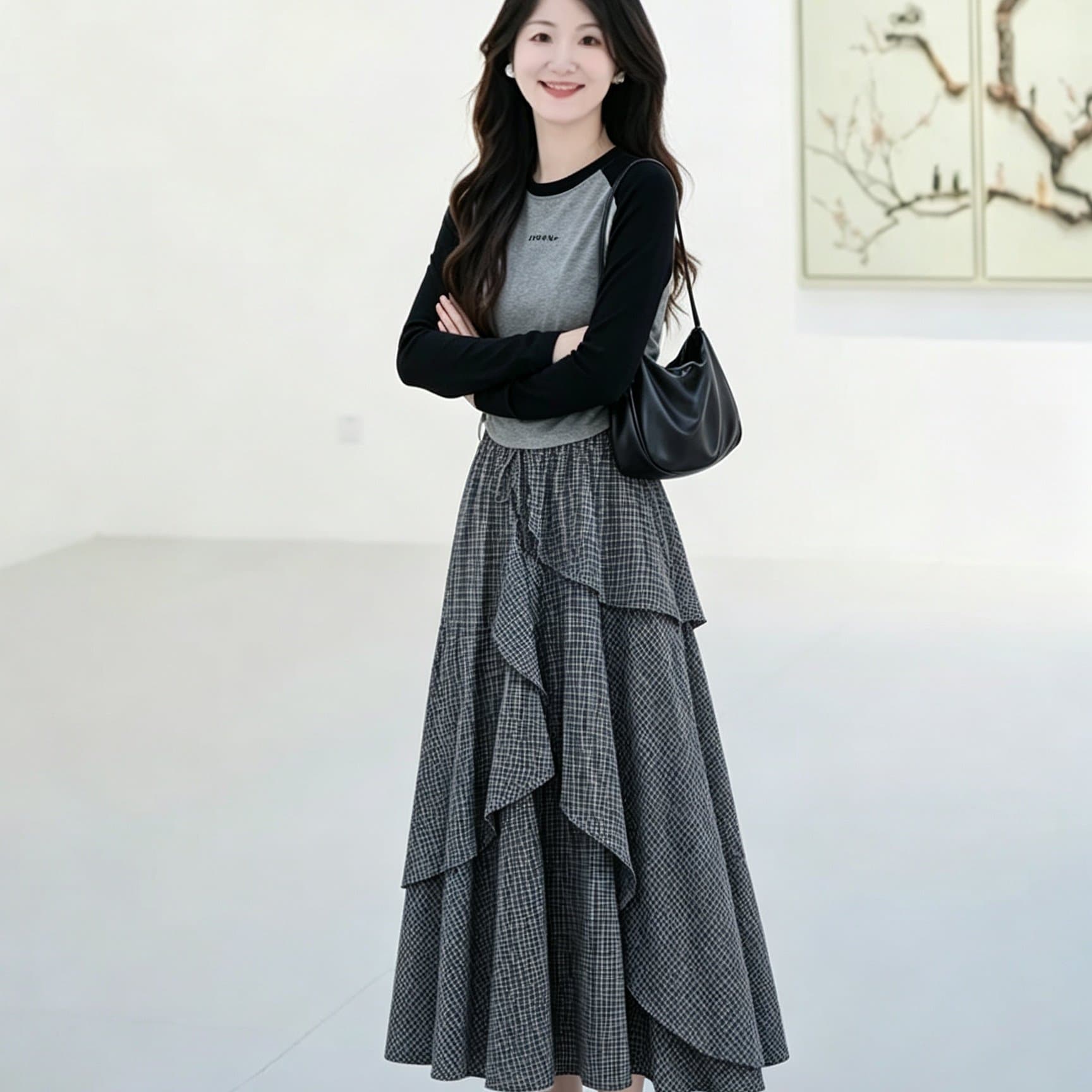 작은 키 가을 품격 세트 여성 연령 감소 펌프 로프 주름 긴팔 맨위 하이웨이스트 한 마디 반신 스커트 투피스 세트 상세 이미지 5