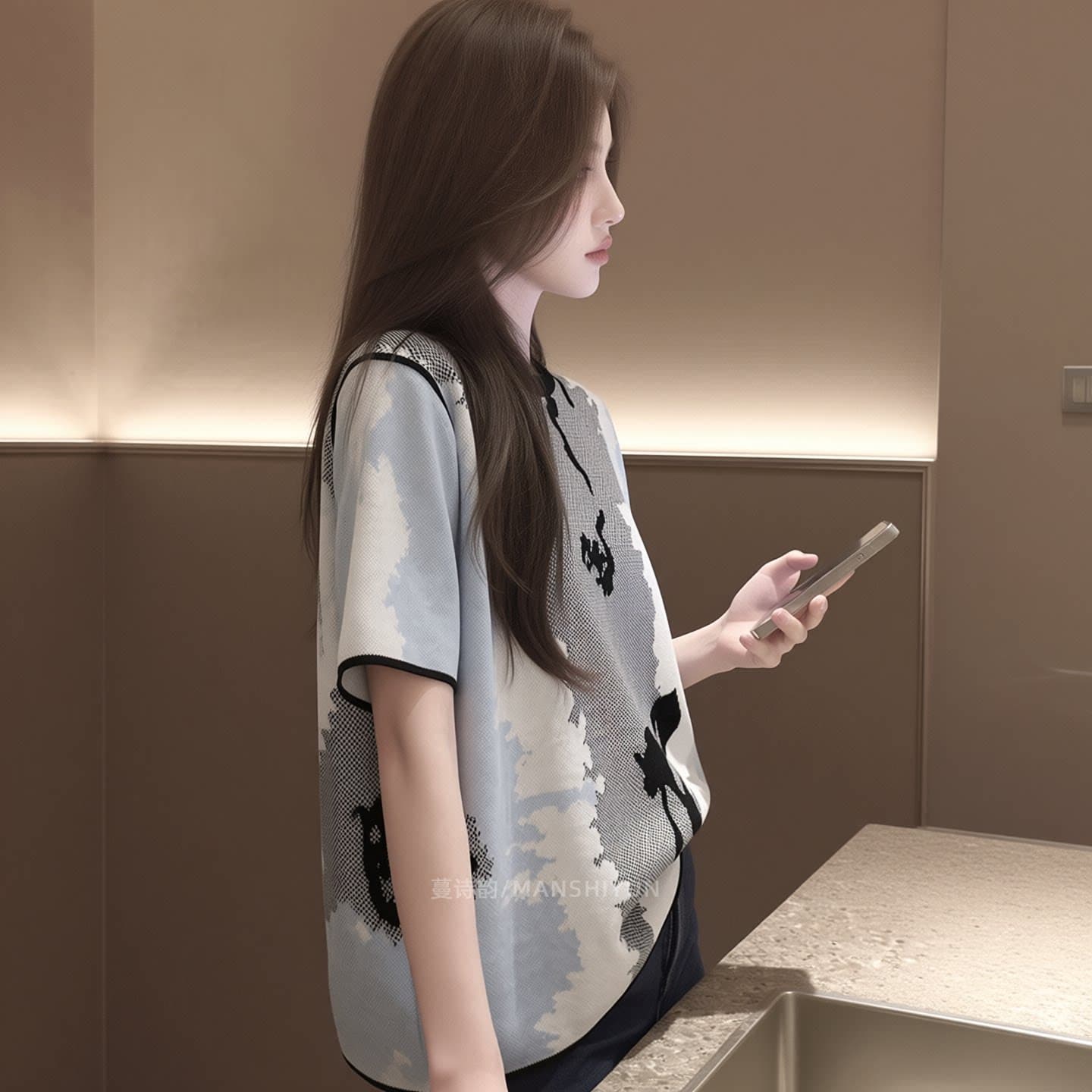 2026 여름 새로운 패션 여성 고급 디자인 센스 캐주얼 바람 긴팔 반팔 티셔츠 루즈핏 출퇴근 맨위 상세 이미지 3