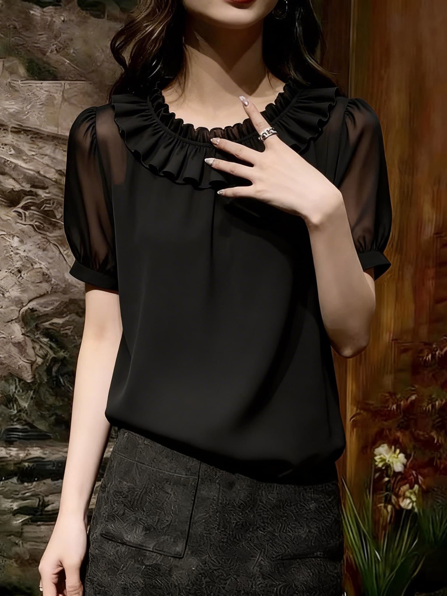 프랑스식 부드러운 바람 검정색 거품 소매 시폰 셔츠 여성 2026 여름 새로운 패션 품격 연령 감소 출퇴근 맨위 상세 이미지 2