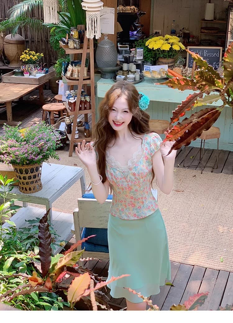 여름 녹색 복숭아 순수한 욕망 꽃무늬 레이스 맨위 반팔 티셔츠 반신 치마 세트 여성 여름 상세 이미지 15