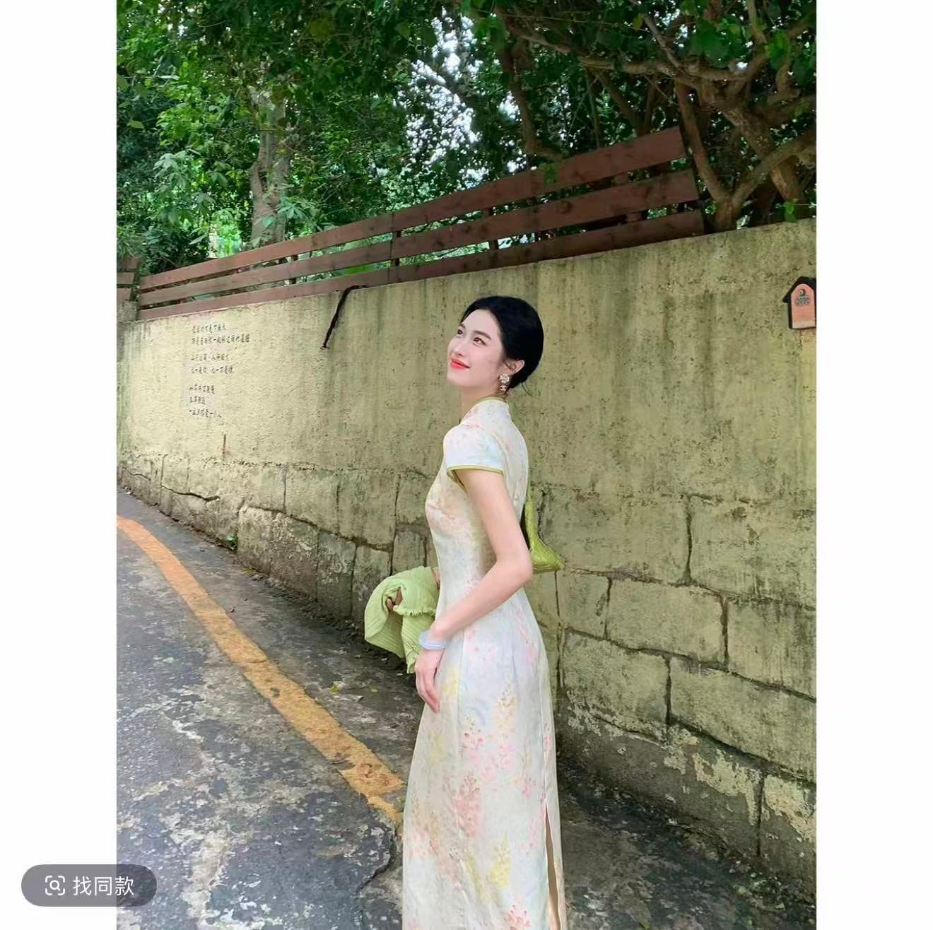 링 茜 거만한 와우 포인트 녹색 요금 국풍 새로운 중식 양면 공단 프린트 드레스 품격 레트로 개선 치파오 드레스 상세 이미지 3