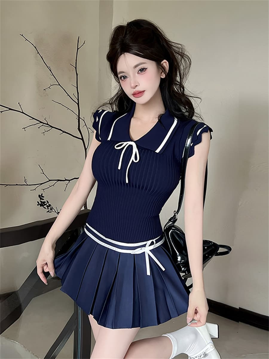 한 부서 핫걸 레이스업 나비 매듭 작은 날다 소매 니트 여성 셔츠 여름 학원 스타일 몸매 가꾸기 민소매 쇼트 스타일 맨위