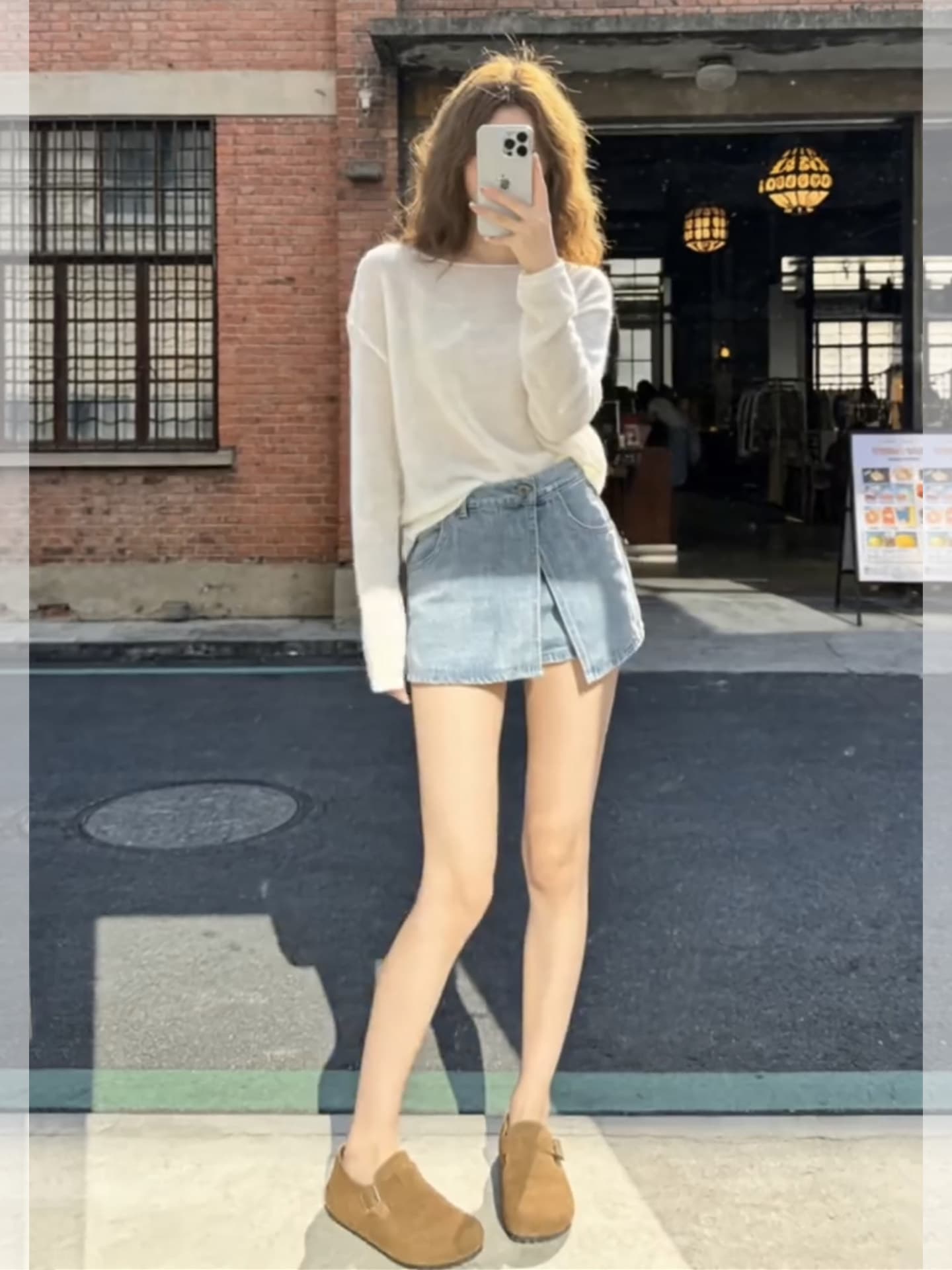 여름 착용 가져 가라. 느슨함 센스 한 부서 느긋한 바람 캐주얼 화이트 자외선 차단 맨위 랩스커트팬츠 데님 짧은 치마 세트 여성