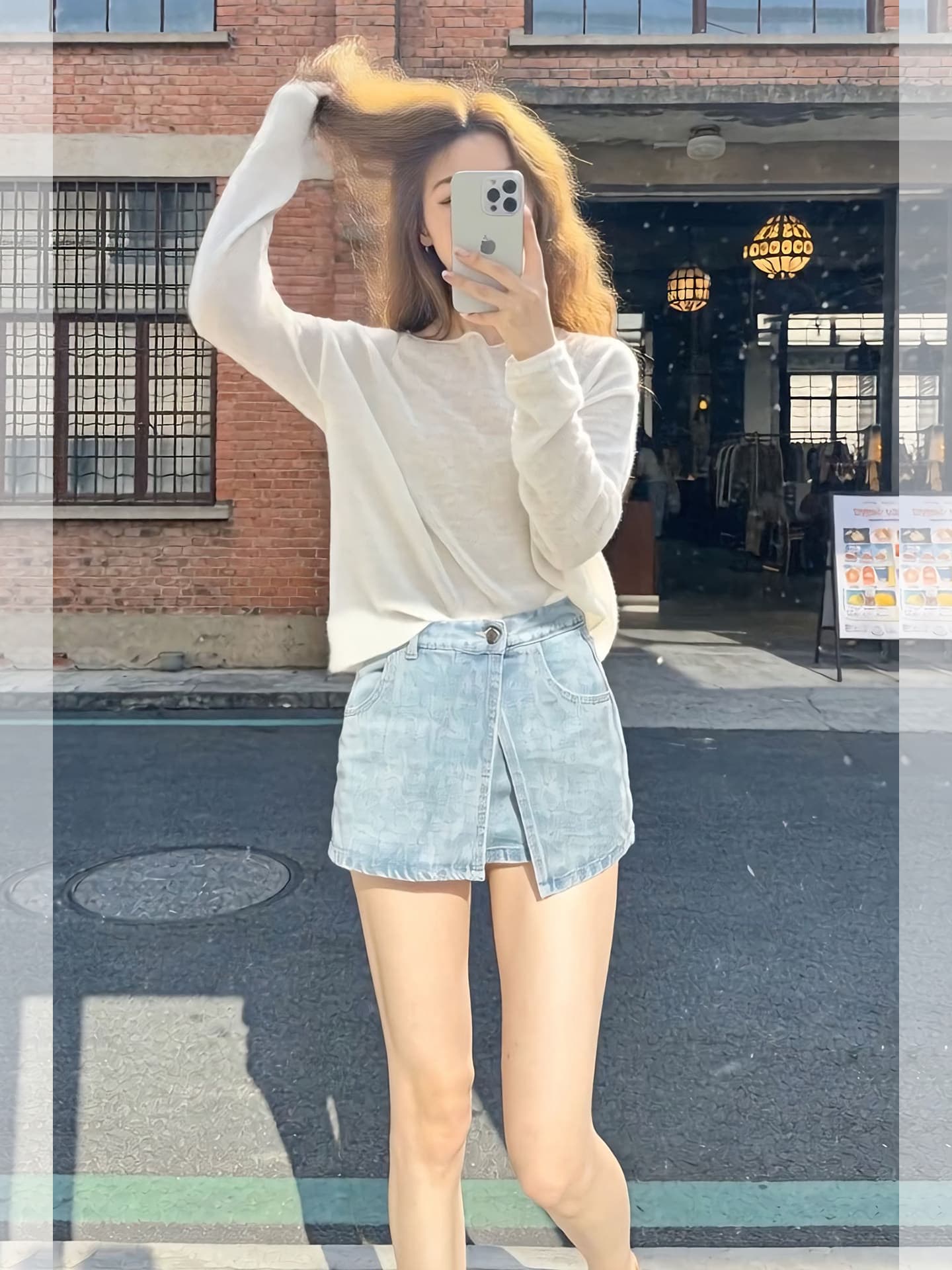 여름 착용 가져 가라. 느슨함 센스 한 부서 느긋한 바람 캐주얼 화이트 자외선 차단 맨위 랩스커트팬츠 데님 짧은 치마 세트 여성 이미지 3