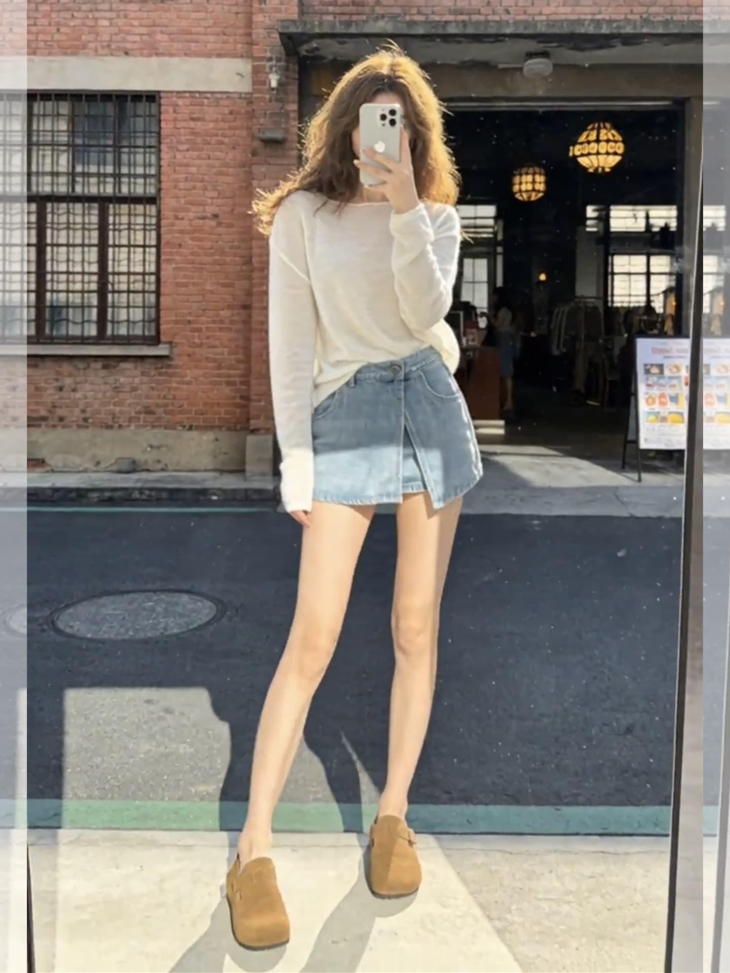 여름 착용 가져 가라. 느슨함 센스 한 부서 느긋한 바람 캐주얼 화이트 자외선 차단 맨위 랩스커트팬츠 데님 짧은 치마 세트 여성 상세 이미지 3