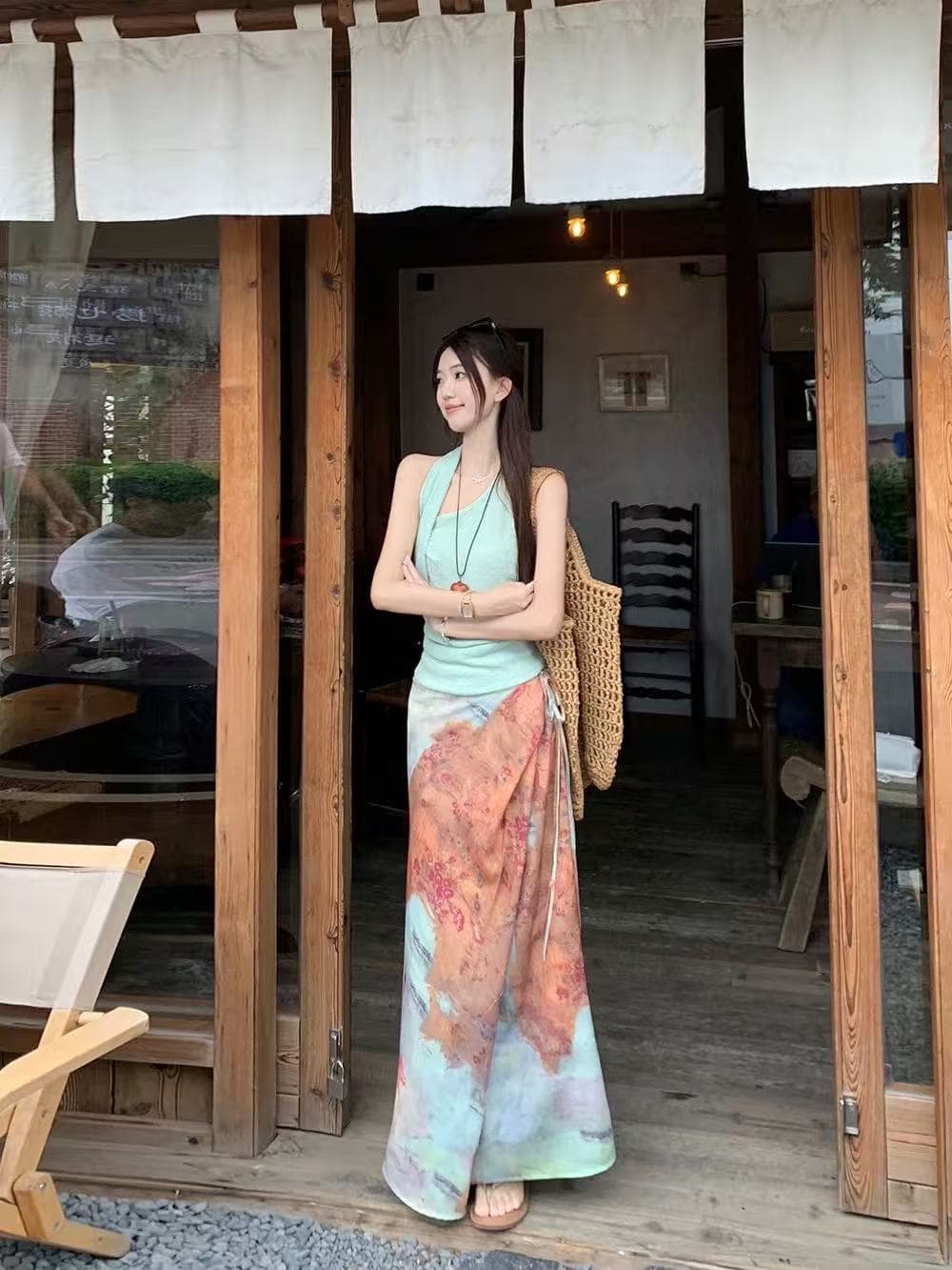 섬 휴가 바람 세트 여성 여름 핫걸 행침 목 조끼 슬립 레트로 홀치기 염색 반신 스커트 롱 스커트 이미지 2