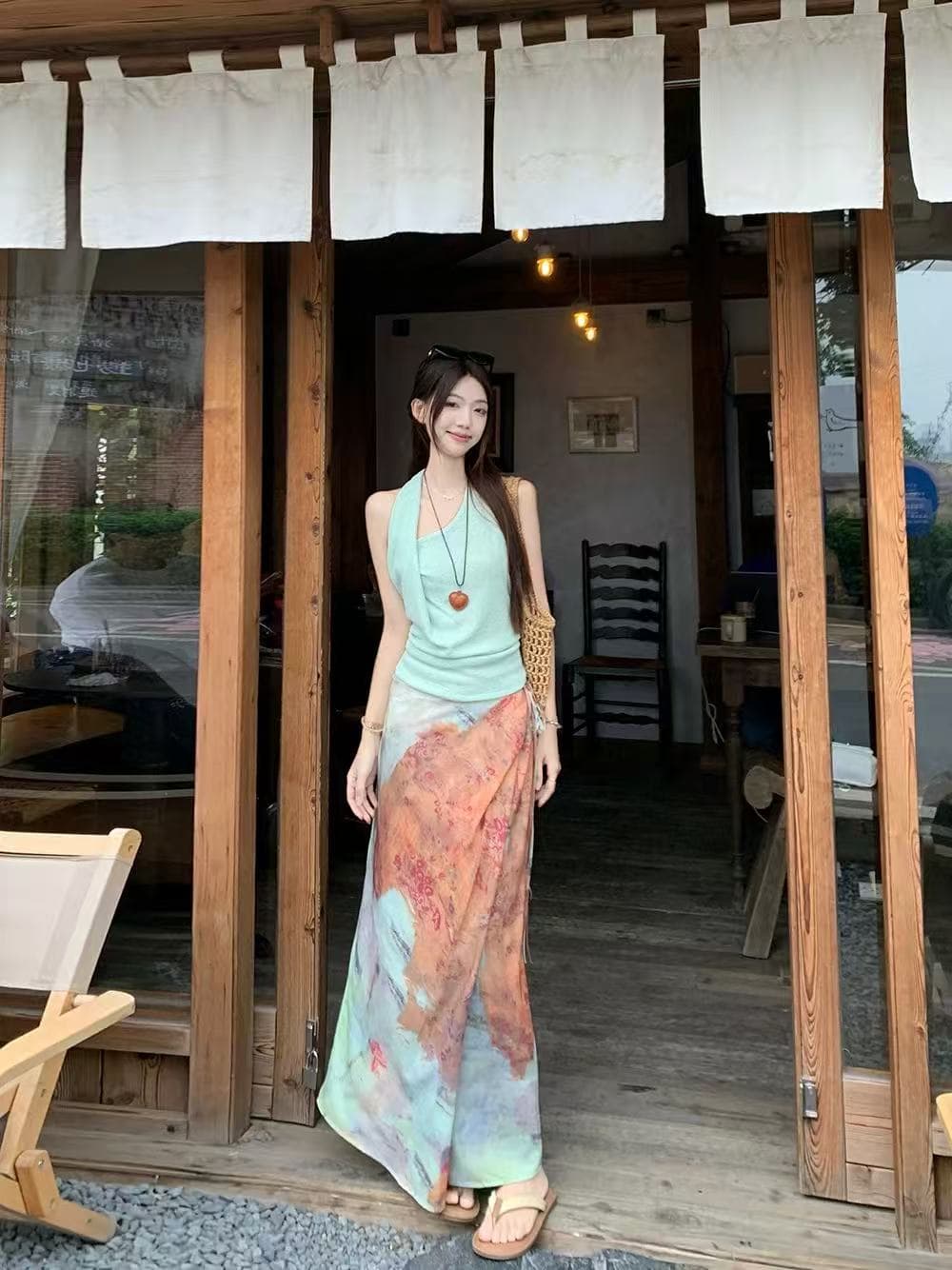 섬 휴가 바람 세트 여성 여름 핫걸 행침 목 조끼 슬립 레트로 홀치기 염색 반신 스커트 롱 스커트 상세 이미지 1