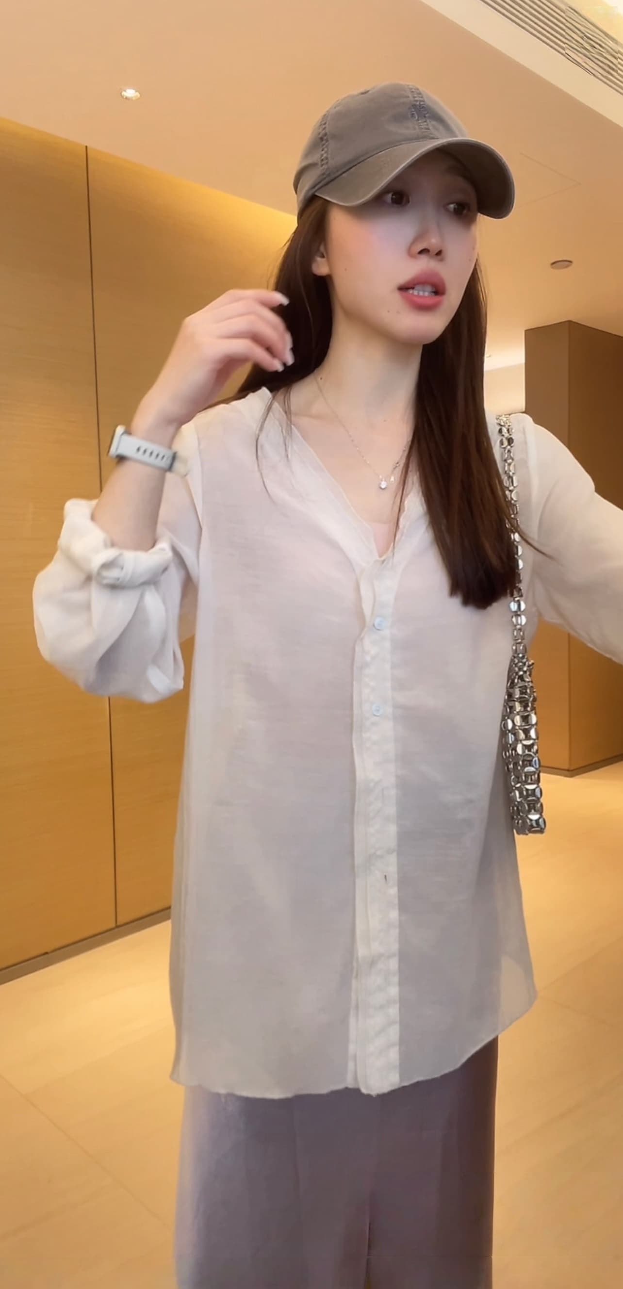 한 부서 미니멀리즘 여름 신제품 이중층 레이스 V넥 마이크로 ~을 통해 자외선 차단 루즈핏 셔츠 이미지 4