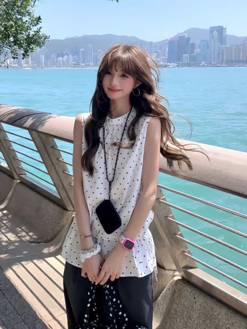 한 부서 도트 무늬 라운드 넥 작은 레이스 민소매 맨위 여성 봄 여름 새로운 디자인 센스 슬림해 보이는 다용도 루즈핏 조끼 상세 이미지 1