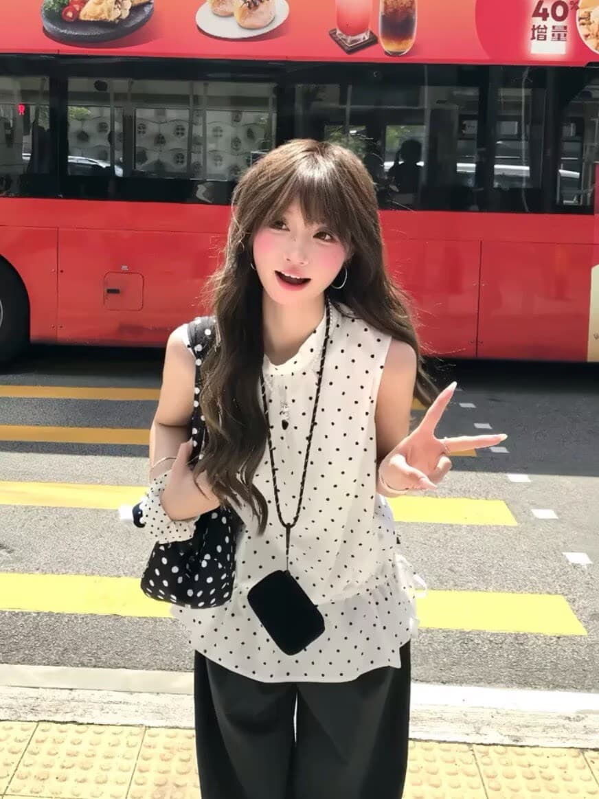 한 부서 도트 무늬 라운드 넥 작은 레이스 민소매 맨위 여성 봄 여름 새로운 디자인 센스 슬림해 보이는 다용도 루즈핏 조끼 상세 이미지 2