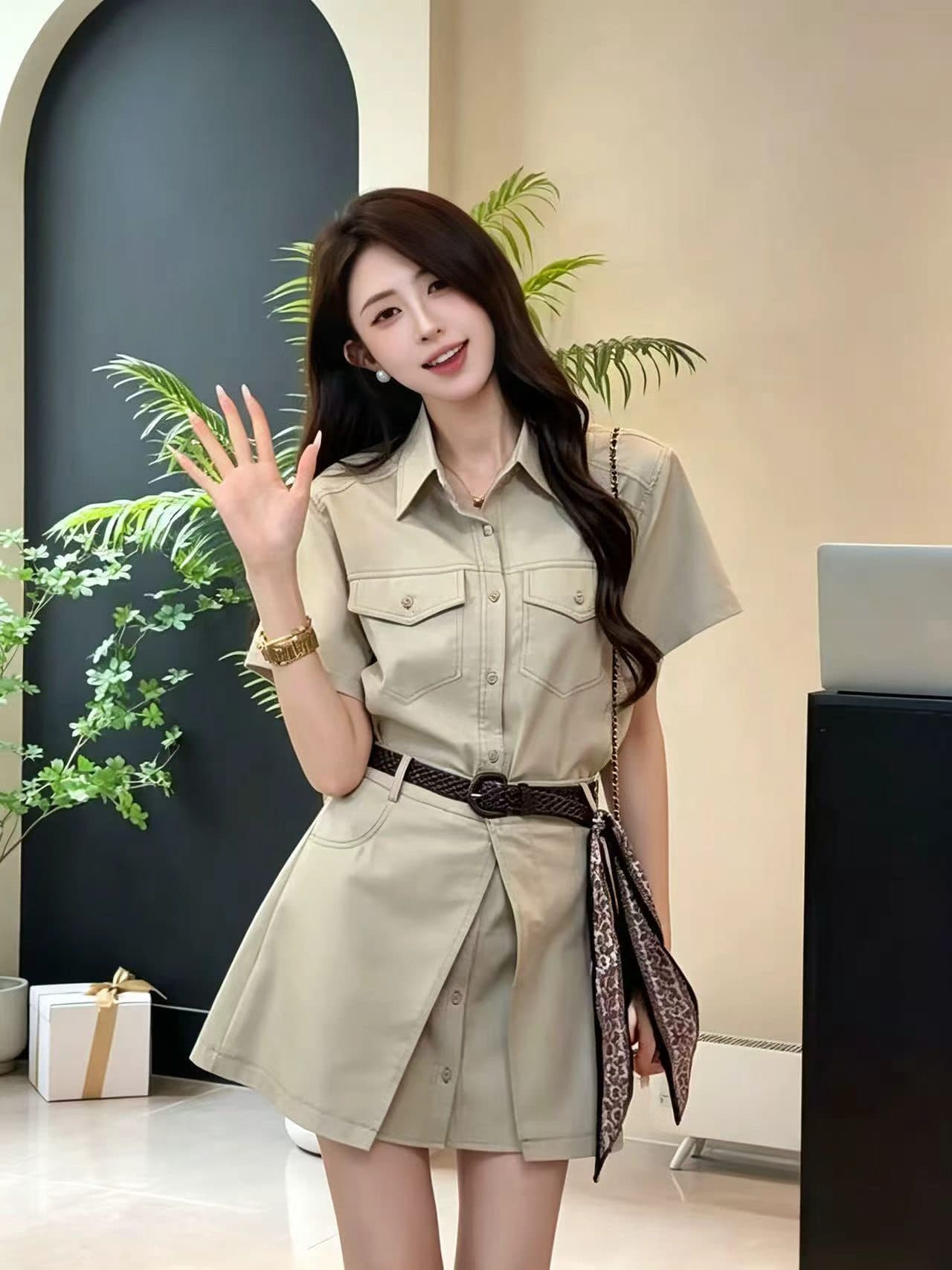 슈퍼 화재 인기 워크웨어 셔츠 점프 슈트 치마 세트 여성 여름 한 부서 작은 키 랩스커트팬츠 반신 스커트 투피스 세트 트렌디 상세 이미지 1