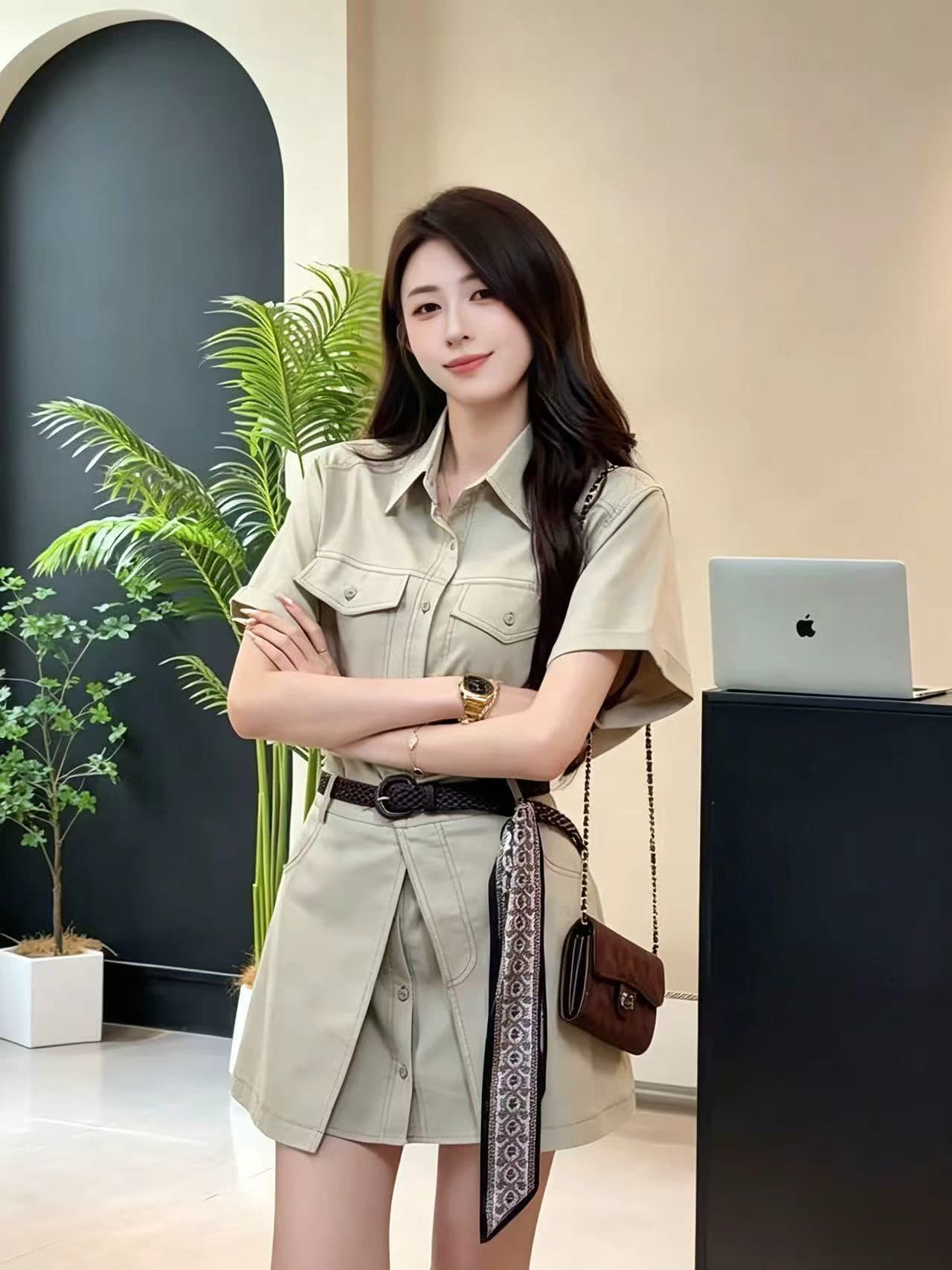 슈퍼 화재 인기 워크웨어 셔츠 점프 슈트 치마 세트 여성 여름 한 부서 작은 키 랩스커트팬츠 반신 스커트 투피스 세트 트렌디 상세 이미지 2