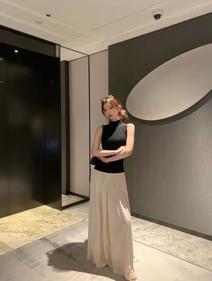 반하이넥 니트 조끼 세련된 무거운 작업 워싱 면 스트레이트 넓은 다리 캐주얼 바지 투피스 슈트 이미지 2