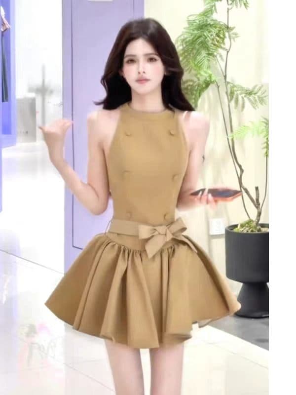 부드러운 안개 카키 민소매 몸매 가꾸기 허리 플리츠 드레스