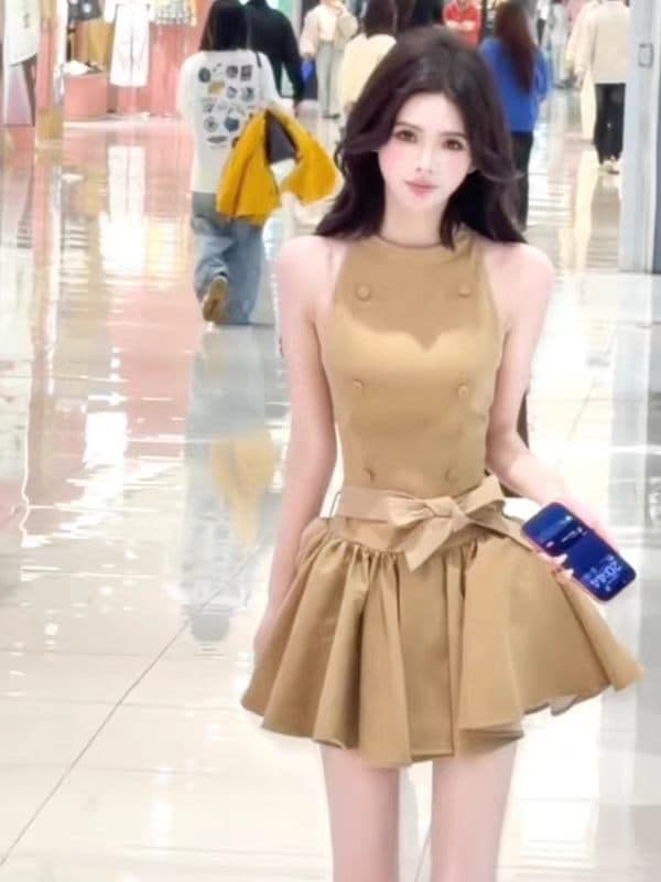 부드러운 안개 카키 민소매 몸매 가꾸기 허리 플리츠 드레스 이미지 2