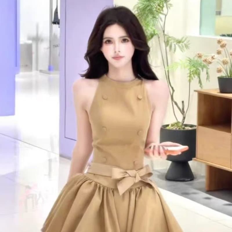 부드러운 안개 카키 민소매 몸매 가꾸기 허리 플리츠 드레스 이미지 4