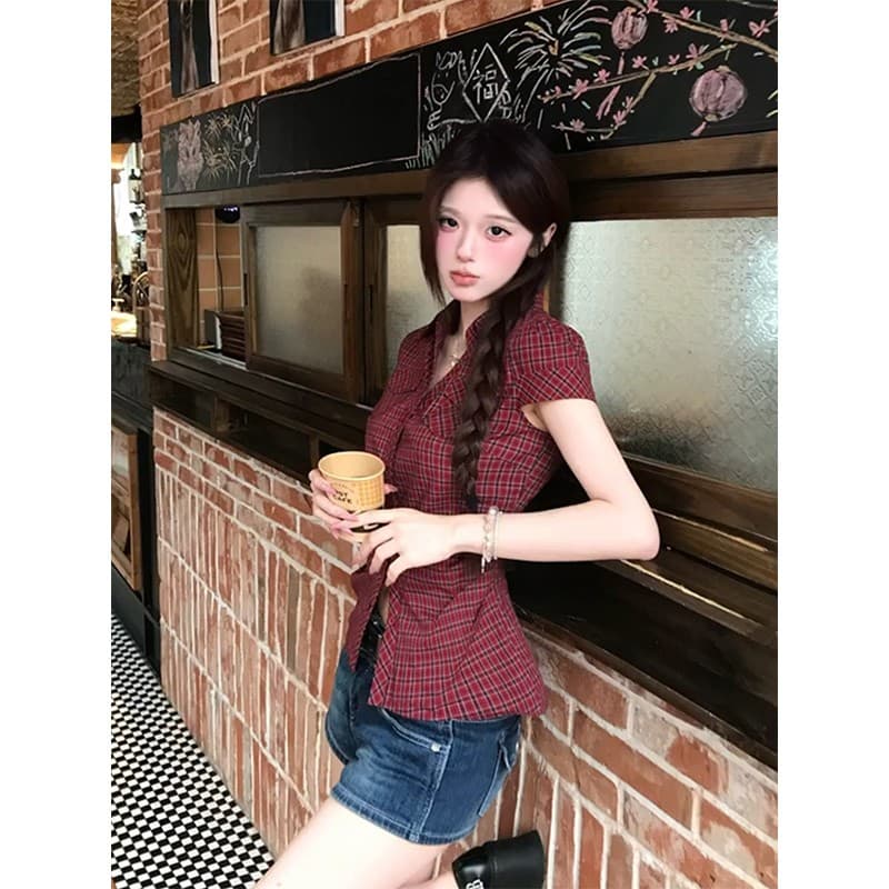 여름 바람 슈퍼 잘 생긴 레트로 빨간색 체크무늬 반팔 여성 셔츠 상세 이미지 5