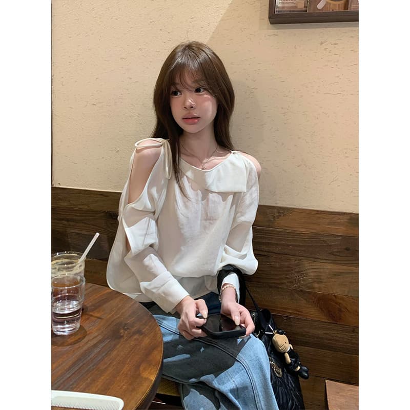 프랑스식 소녀 바람 오프숄더 긴팔 여성 셔츠 여름 고급 센스 화이트 루즈핏 품격 맨위 상세 이미지 2