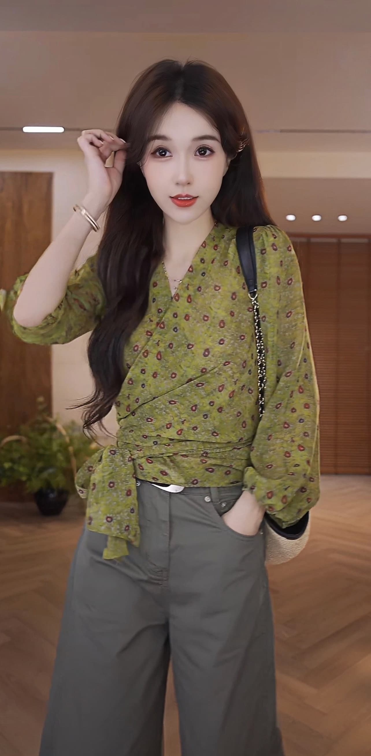 boxue 치자 나무 녹색 고급 센스 꽃무늬 스트랩 소포 오픈 가디건 상세 이미지 2