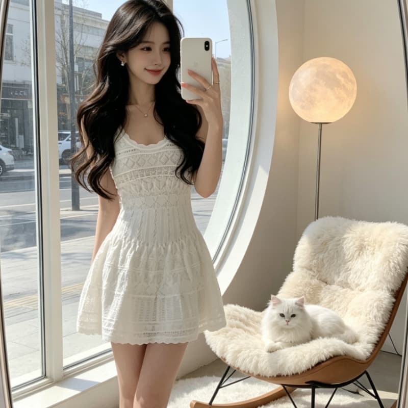 순수한 욕망 바람 니트 홀로우 아웃 민소매 드레스 쇼트 스타일 허리 수축 몸매 가꾸기 A라인 스커트 상세 이미지 4