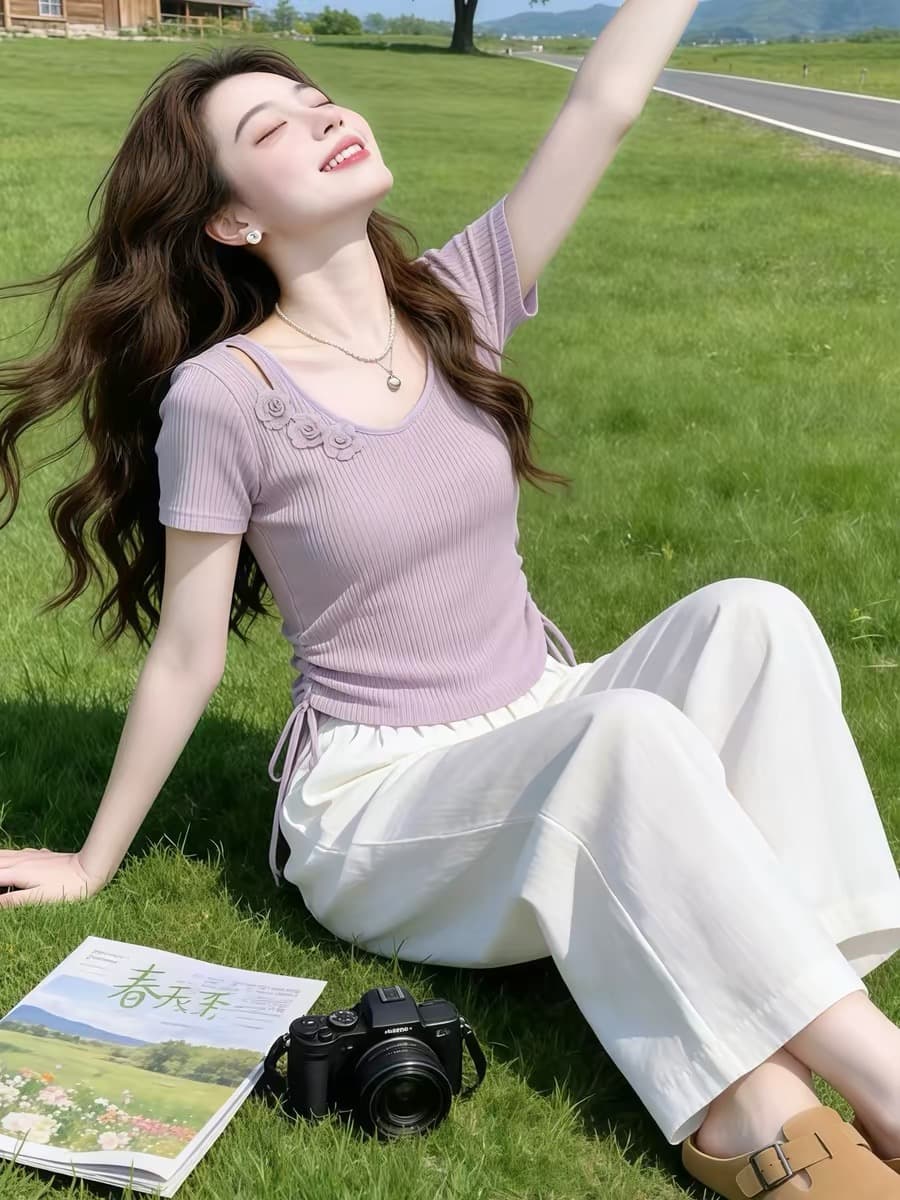 보라색 V넥 홀로우 아웃 3 차원 꽃 펌프 로프 꼬집기 허리 티셔츠 여성 2026 여름 도파민 작은 대중 외국 가스 맨위 이미지 2