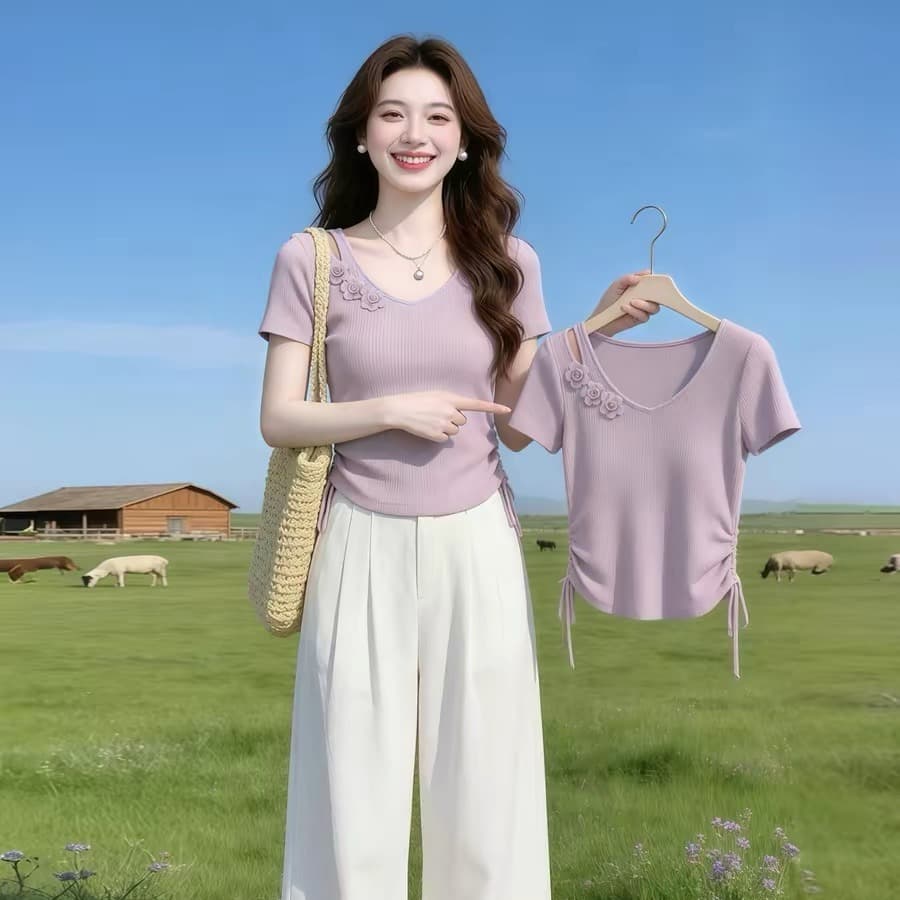 보라색 V넥 홀로우 아웃 3 차원 꽃 펌프 로프 꼬집기 허리 티셔츠 여성 2026 여름 도파민 작은 대중 외국 가스 맨위 상세 이미지 5