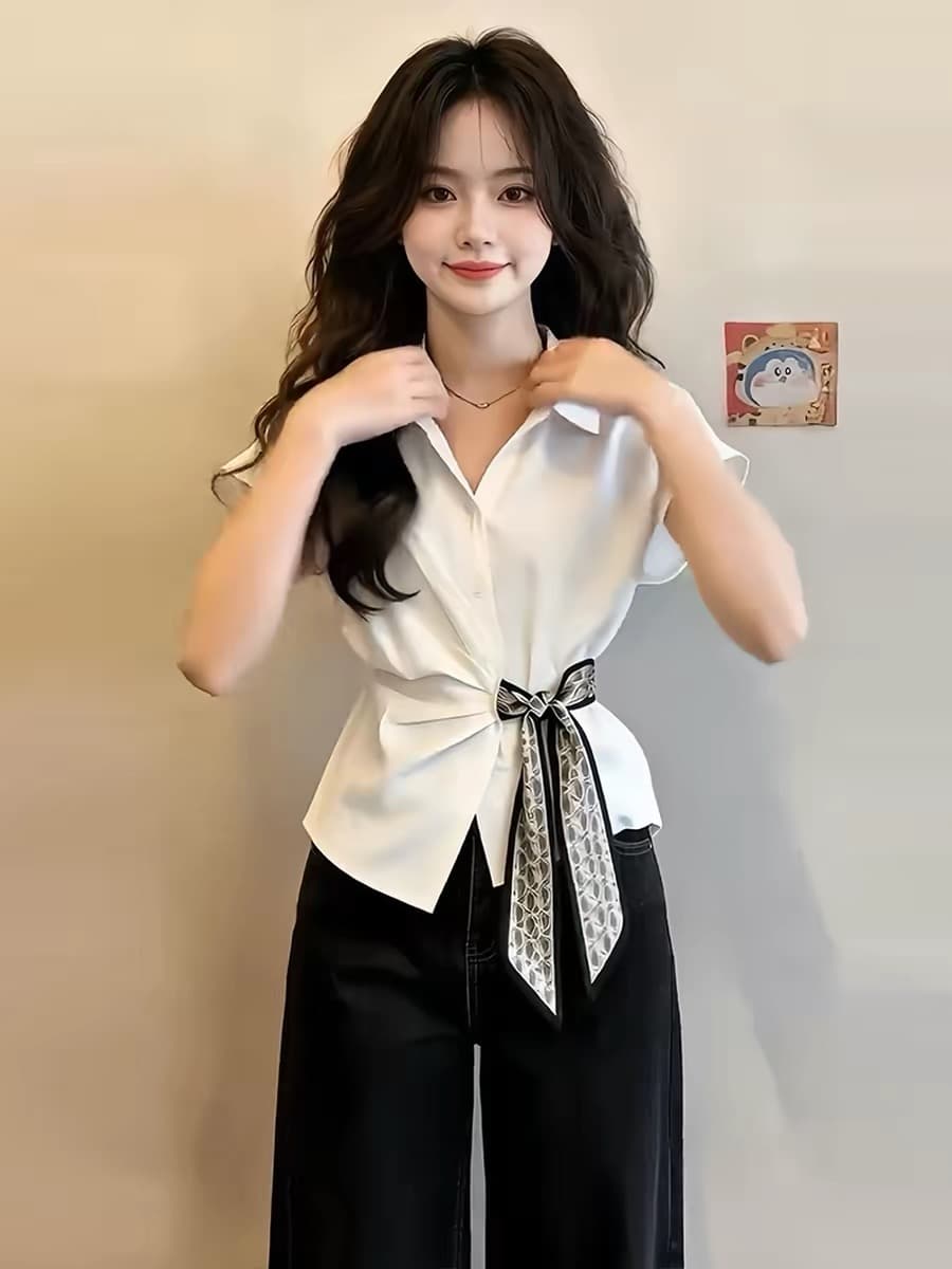품격 출퇴근 화이트 비틀림 허리 수축 스카프 스트랩 여성 셔츠 2026 여름 새로운 불규칙 Chic 맨위 이미지 2