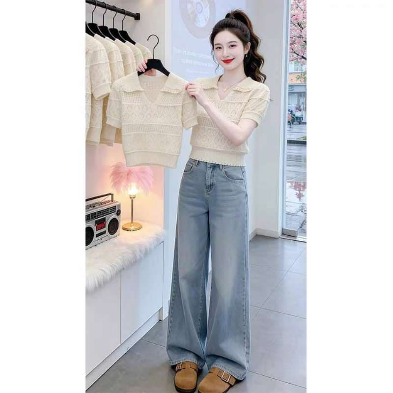 달콤함 자수 홀로우 아웃 베이비 칼라 반팔 티셔츠 여성 여름 얇은 스타일 디자인 센스 얼음 실크 쇼트 스타일 니트 스웨터 맨위