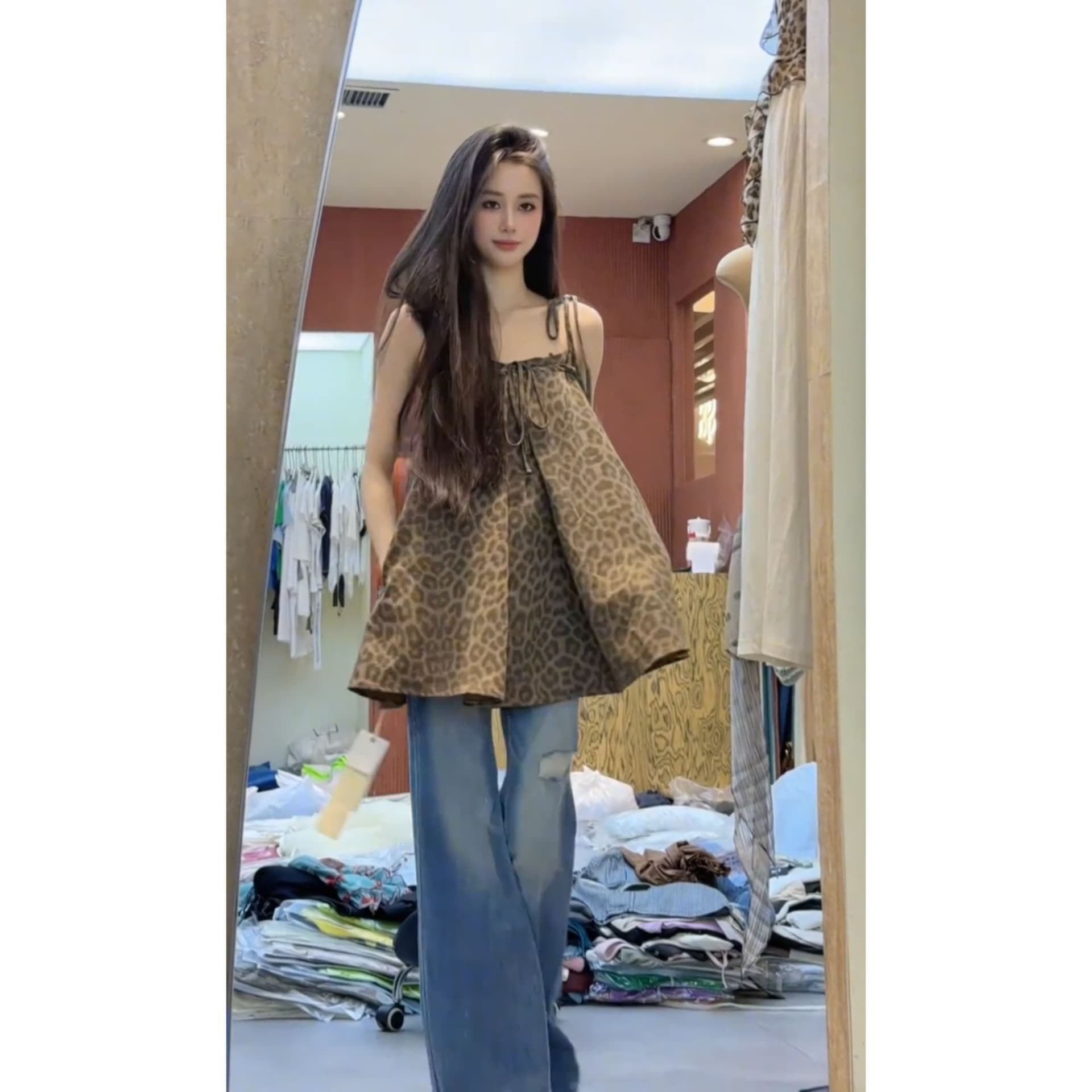 아메리칸 핫걸 레오파드 무늬 튜브탑 순수한 욕망 섹시한 여자 여름 패션 슬림해 보이는 부츠컷 청바지 세트 이미지 3