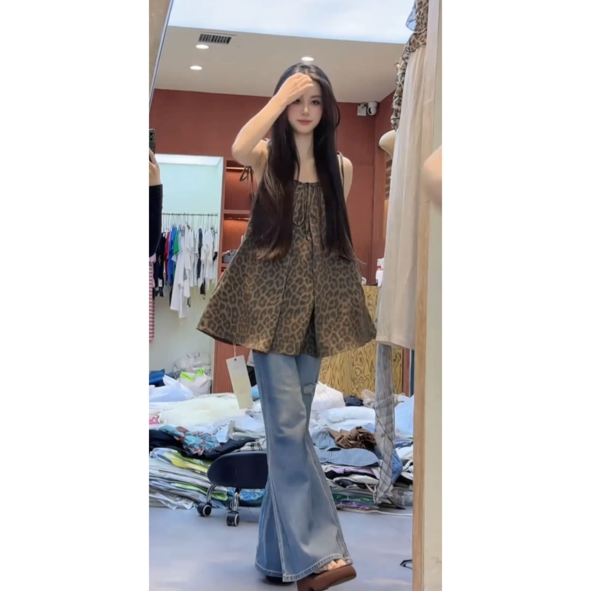 아메리칸 핫걸 레오파드 무늬 튜브탑 순수한 욕망 섹시한 여자 여름 패션 슬림해 보이는 부츠컷 청바지 세트 이미지 4