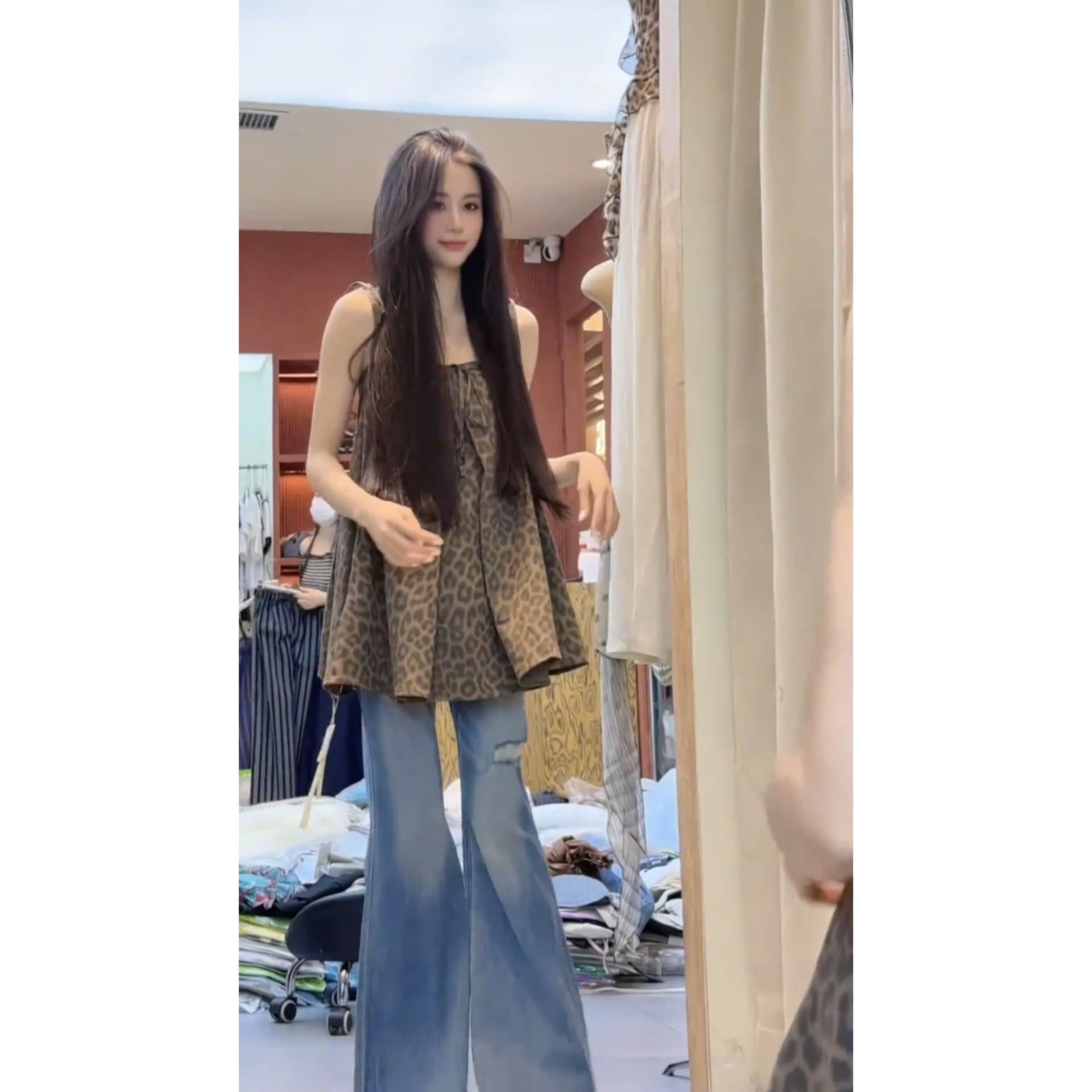아메리칸 핫걸 레오파드 무늬 튜브탑 순수한 욕망 섹시한 여자 여름 패션 슬림해 보이는 부츠컷 청바지 세트 상세 이미지 2