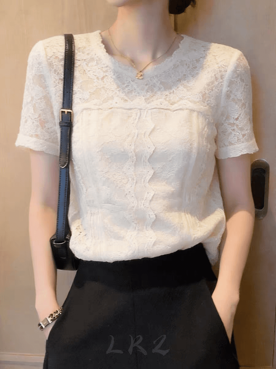 유럽 상품 고급 센스 레이스 기본 셔츠 여성용 짧은 소매 여름 새로운 다용도 맨위 품격 미니멀리즘 화이트 작은 셔츠 상세 이미지 3