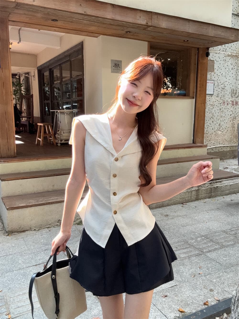 여름 품격 다용도 오래된 돈 바람 해군 칼라 베스트 다용도 디자인 센스 바지 투피스 세트 세트 상세 이미지 8